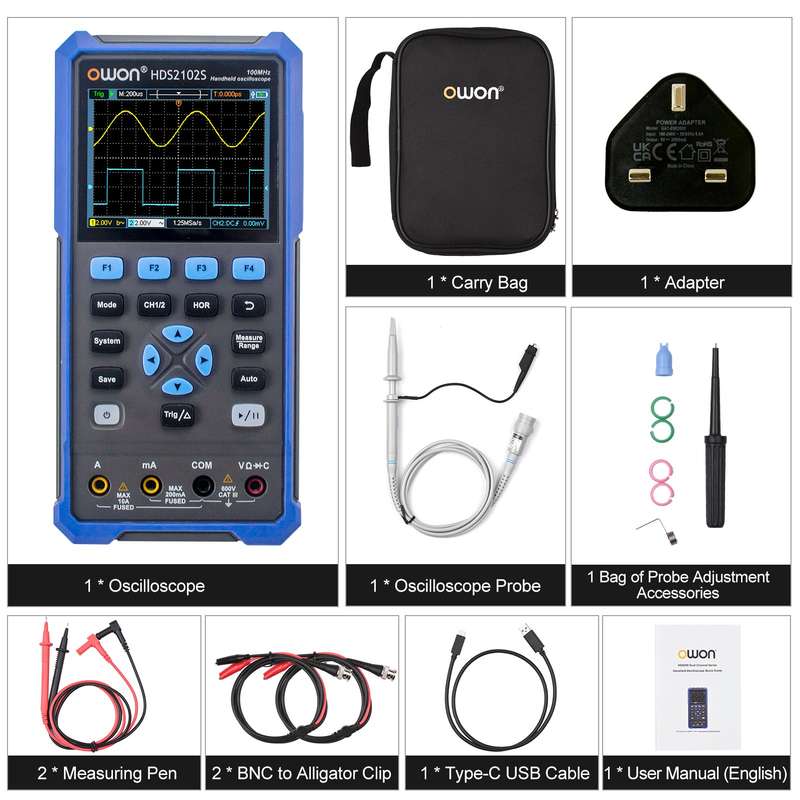 OWON HDS2102S 3 in 1 Handheld Digital Oscilloscope Multimeter Waveform Generator 100MHz 500MSa