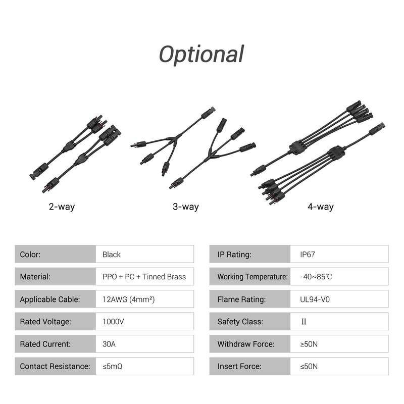 Y Branch Solar Connectors Parallel Cable Adapter 2-Way Solar Cable Connector Self-locking IP67