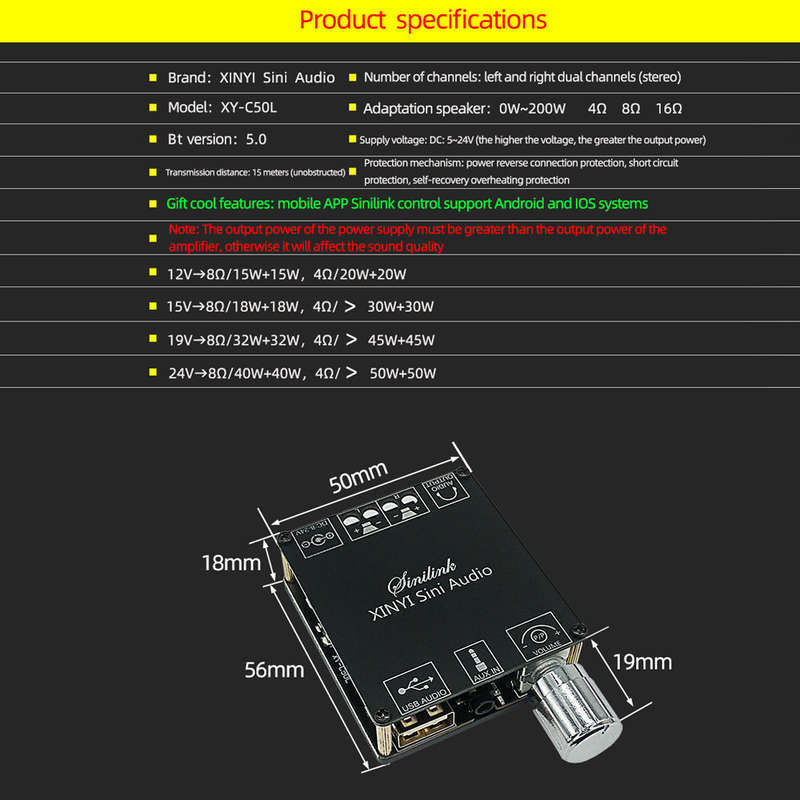 50Wx2 BT 5.0 Wireless Audio Digital Power Amplifier Infinite Tuning Stereo Board Amp Dual Chan