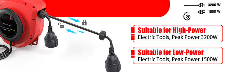 Retractable Extension Cord Reel 50FT+4.5 (15+1.5M) Electrical Power Cord Reel 14AWG 13A 3C SJT with