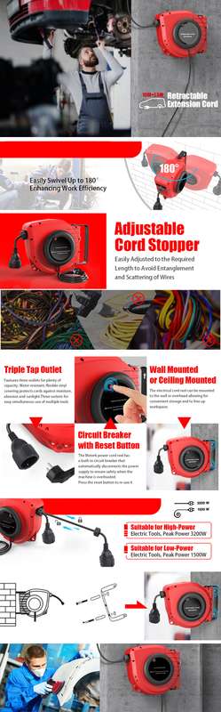 Retractable Extension Cord Reel 50FT+4.5 (15+1.5M) Electrical Power Cord Reel 14AWG 13A 3C SJT with