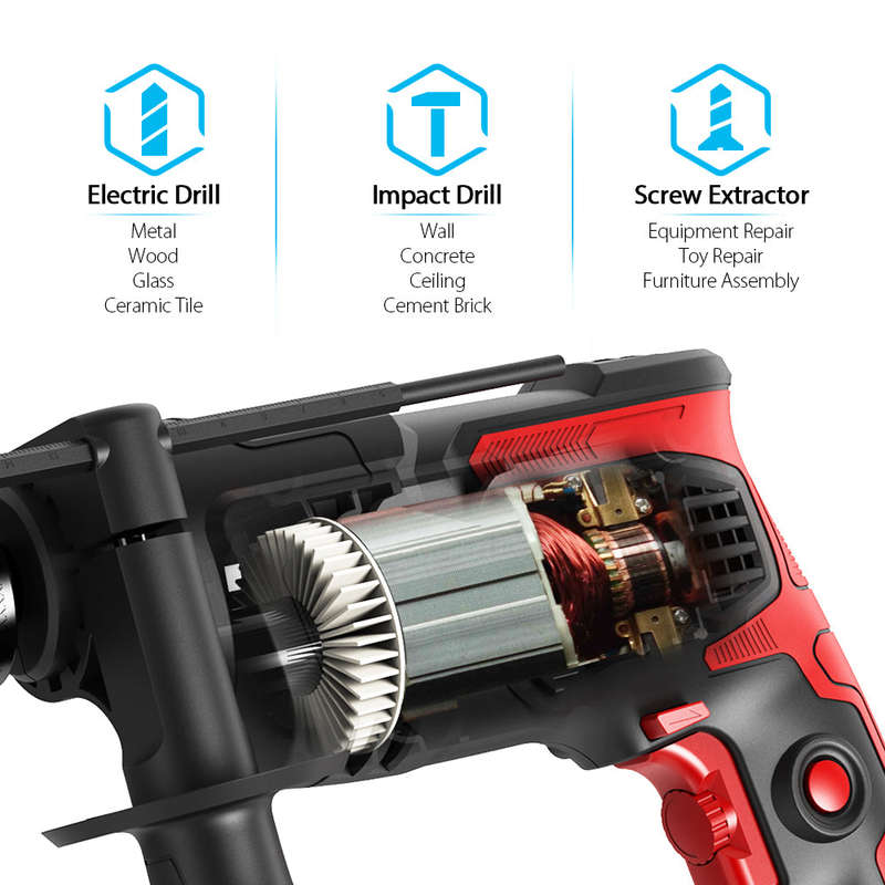 Hammer Drill Impact Drill 850W 3000 RPM Hand Electric Drill with 360 Rotating Handle Hammer and Dri