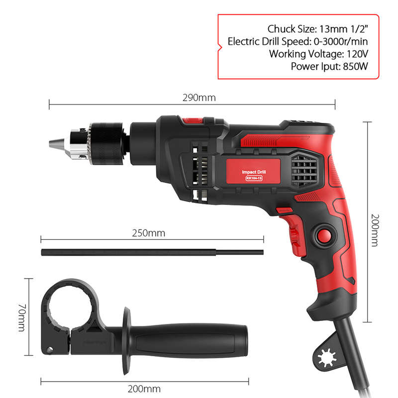 Hammer Drill Impact Drill 850W 3000 RPM Hand Electric Drill with 360 Rotating Handle Hammer and Dri