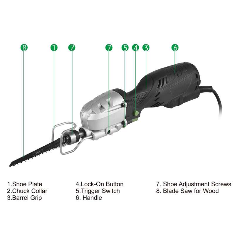 600W 5-Amp Mini Compact Reciprocating Saw Corded Reciprocating-type Saw 6.6ft Extra Long Cable Varia