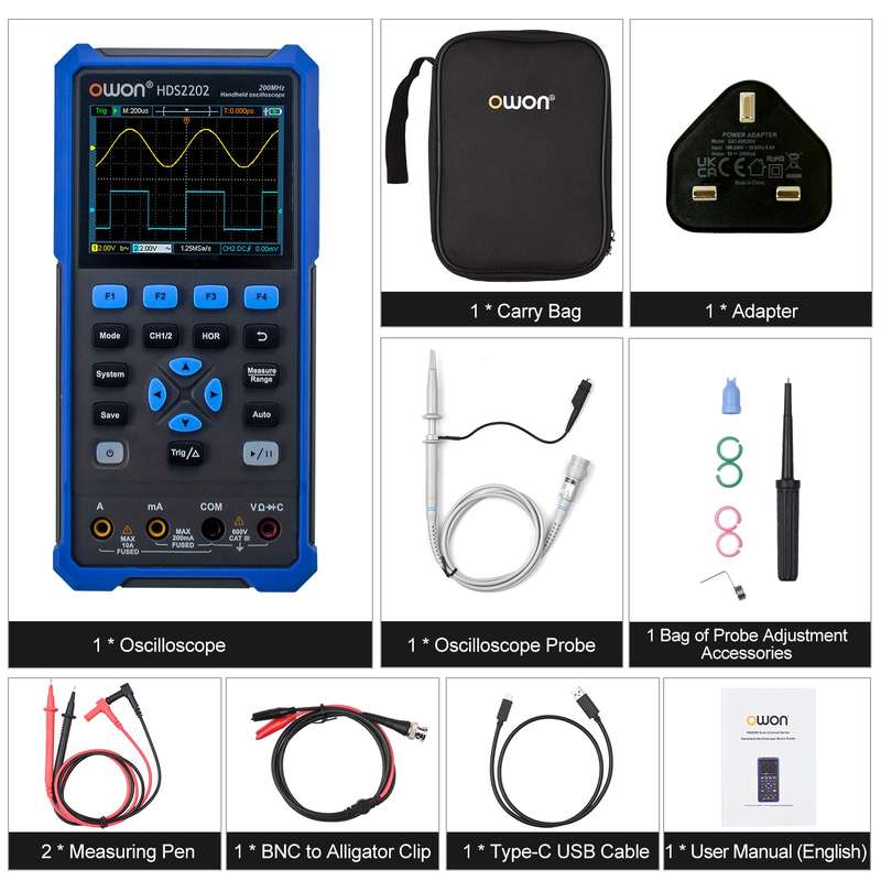 OWON HDS2202 Handheld Digital Oscilloscope Multimeter 200MHz 1GSa/s Dual Channels Oscilloscope