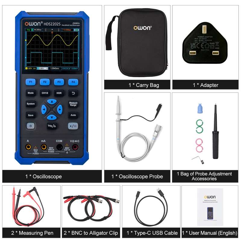 OWON HDS2202S 3 in 1 Handheld Digital Oscilloscope Multimeter Waveform Generator 200MHz 1GSa/s