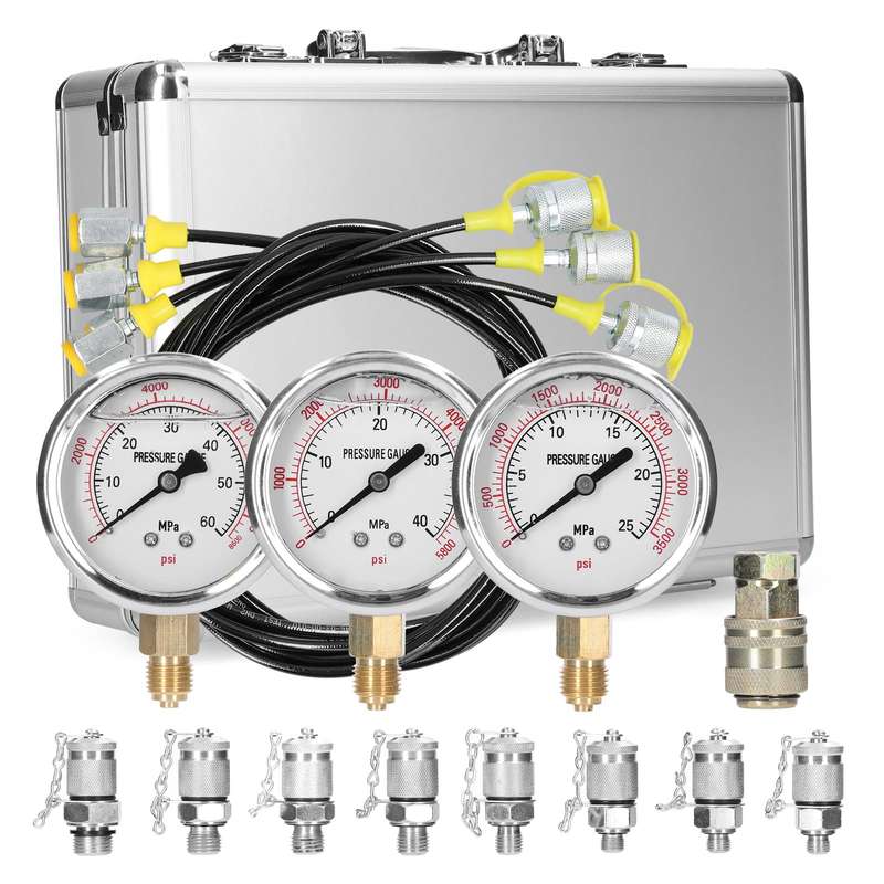 Hydraulic Pressure Gauge Kit Excavator Hydraulic Pressure Meauring Device with 9 Couplings 3 P