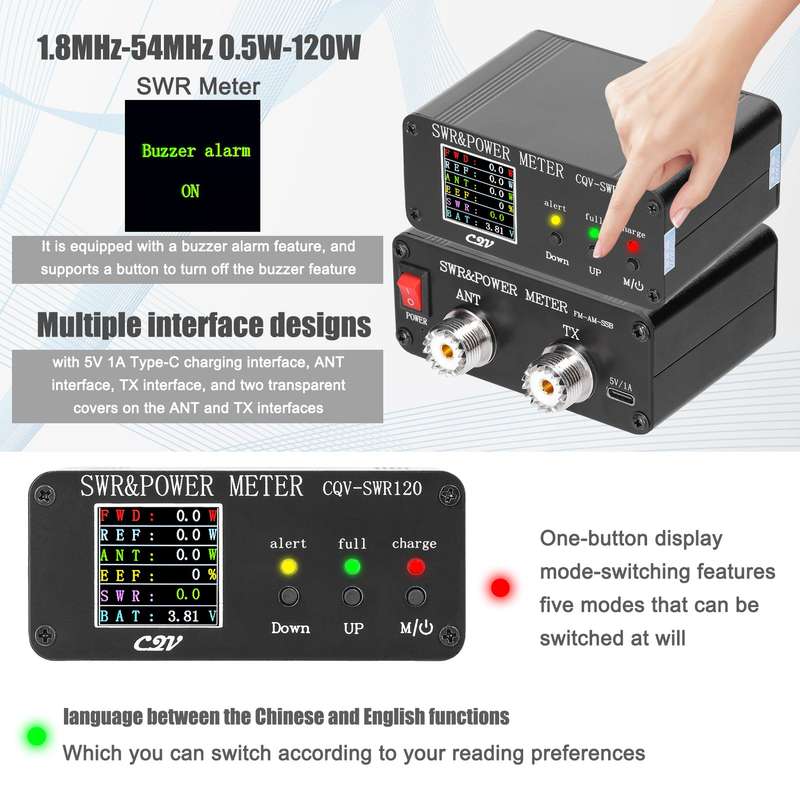 1.8MHz-54MHz Standing-waves Meter 240 * 240 Full Color Digital LCD Display SWR Short Waves Met