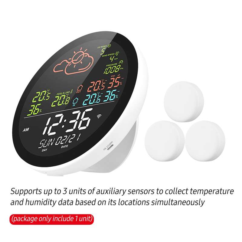 Tuya Wifi Smart Weather Station with Clock Indoor and Outdoor Temperature & Humidity Meter Mul