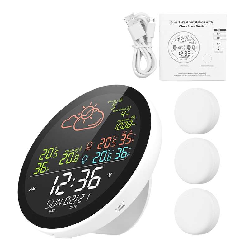 Tuya Wifi Smart Weather Station with Clock Indoor and Outdoor Temperature & Humidity Meter Mul