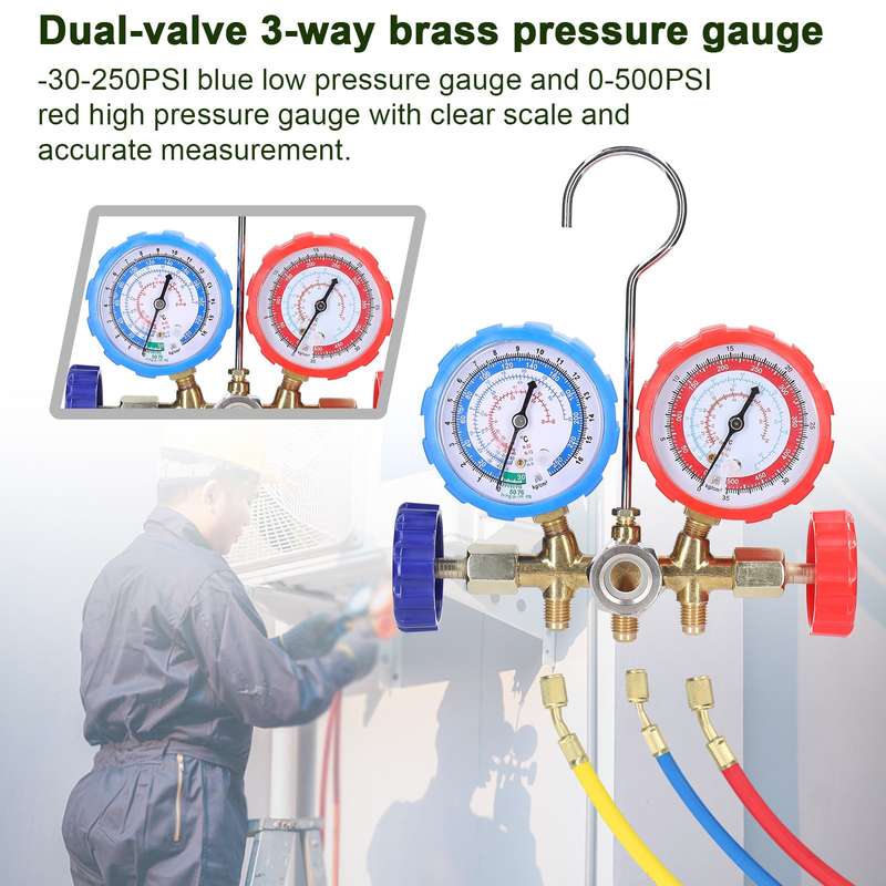 Manifold Gauge Set Air Conditioning Refrigerant Charging Tool Brass Dual-Valve Pressure Gauge