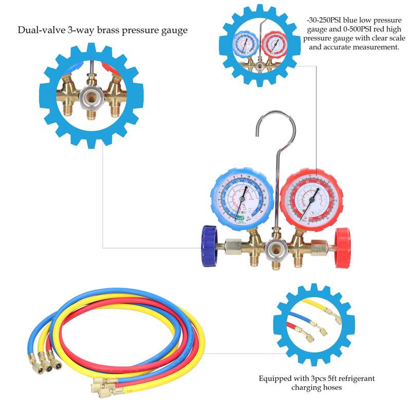 Manifold Gauge Set Air Conditioning Refrigerant Charging Tool Brass Dual-Valve Pressure Gauge