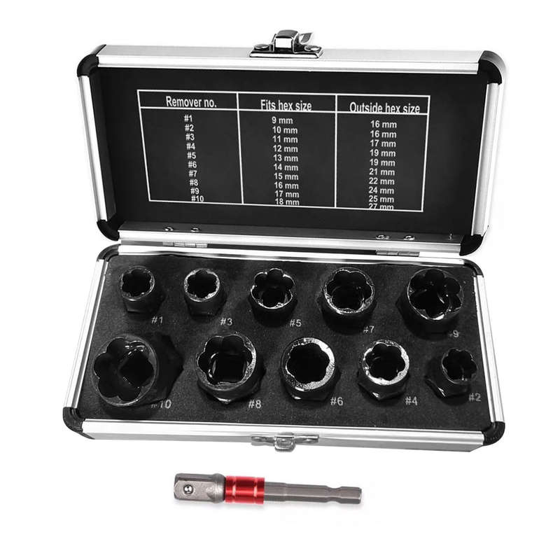 11PCS Impact Bolt & Nut Remover Set Bolt Extractor Removal Tool Set 9-19mm with Socket Adapter