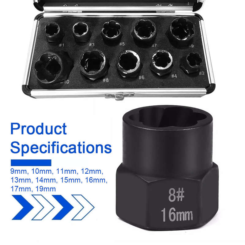 11PCS Impact Bolt & Nut Remover Set Bolt Extractor Removal Tool Set 9-19mm with Socket Adapter