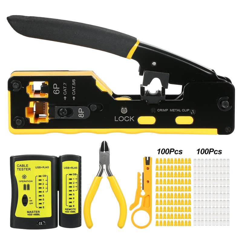 RJ45 Crimp Tool Kit All in One Pass Through Crimping Tool for Cat5e Cat6 Cat6a Pass Through Co