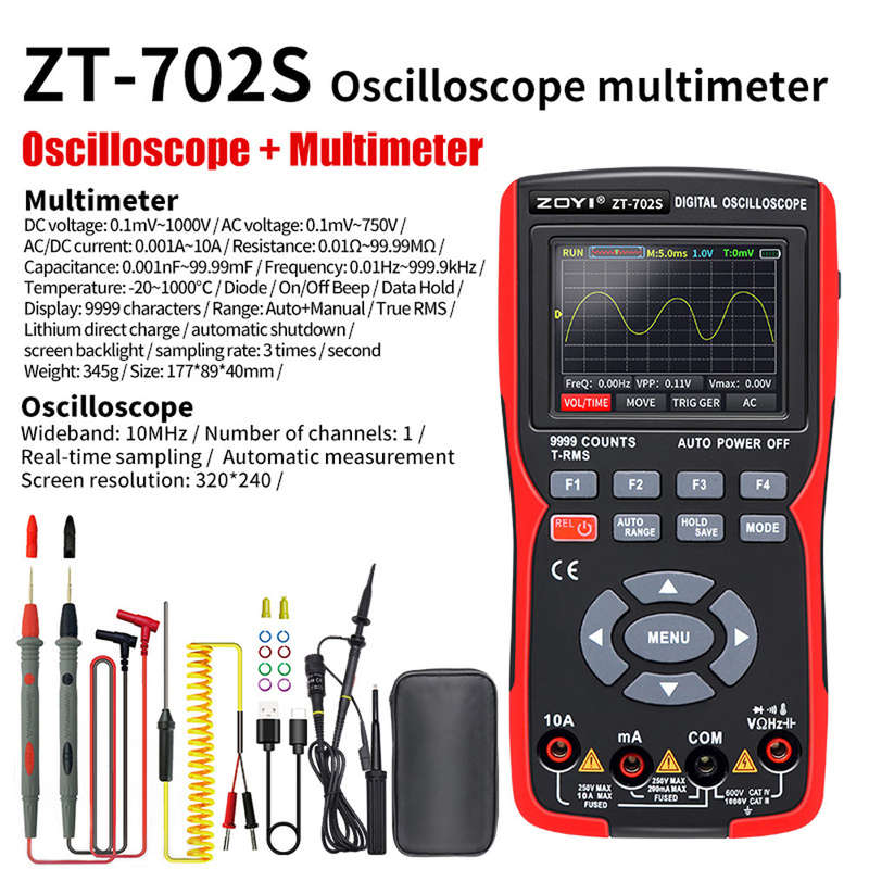 2in1 Digital Oscilloscope Multimeter 48MSa/s Sampling Rate 10Mhz Bandwidth 9999 Counts True RM