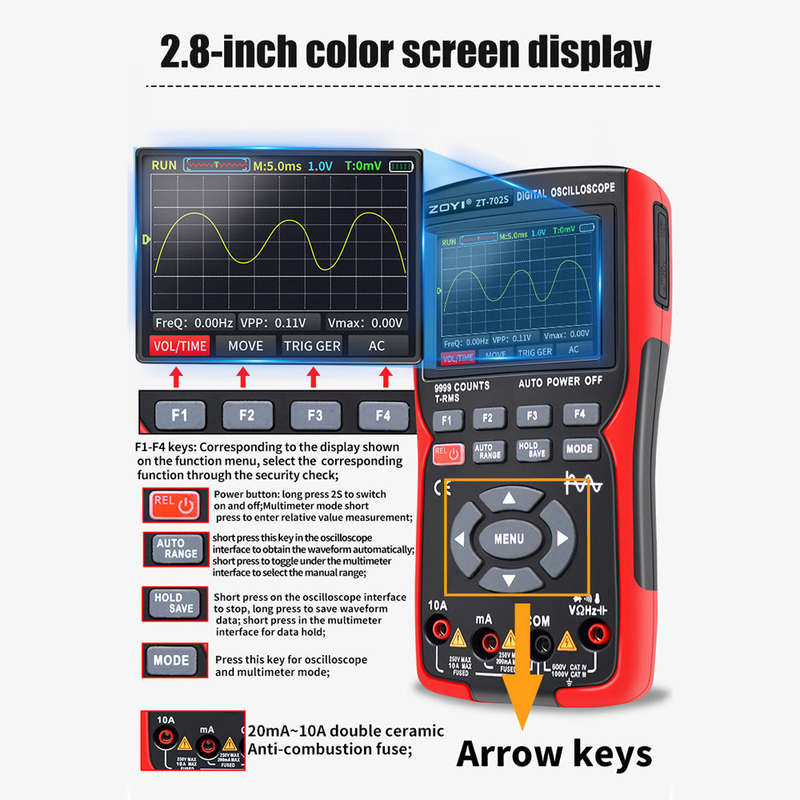 2in1 Digital Oscilloscope Multimeter 48MSa/s Sampling Rate 10Mhz Bandwidth 9999 Counts True RM