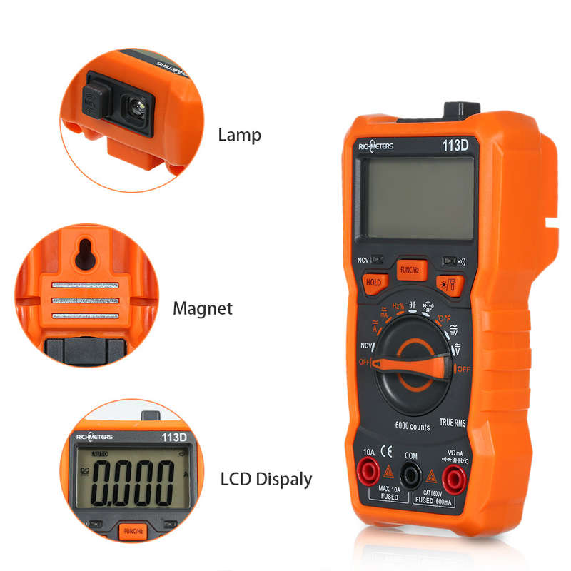 RICHMETERS RM113D NCV Digital Multimeter 6000 Counts Auto Ranging AC/DC Voltage Temperature Me