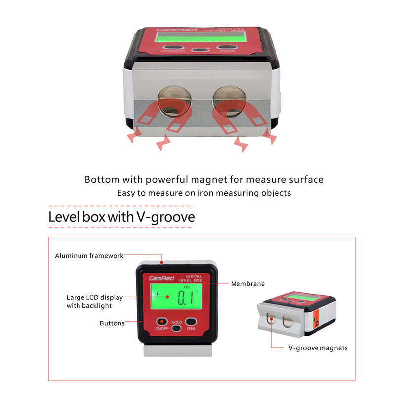 GemRed Level Box Angle Gauge Digital Angle Finder Inclinometer Level Gauge Magnetic Base