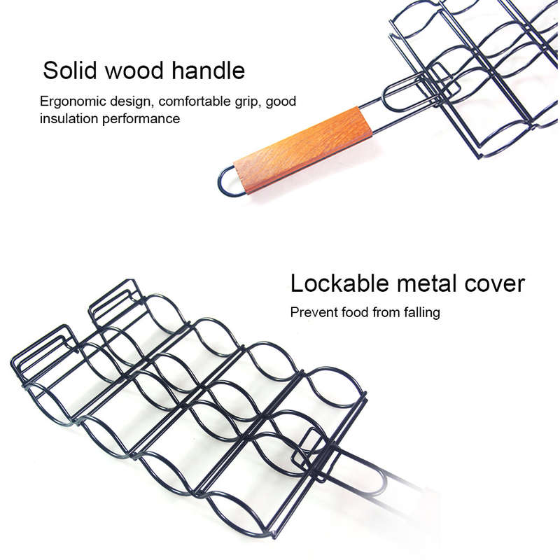 Corn Grill Basket Metal Corn Holder for Grill Wooden Handle Barbecue Adjustable Corn Grilling Basket