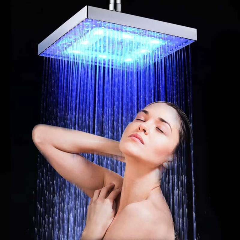LED Rainfall Shower Head Square Shower Head Automatically RGB Color-Changing Temperature Sensor Show