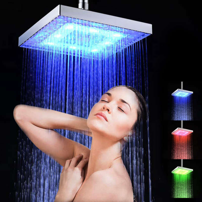 LED Rainfall Shower Head Square Shower Head Automatically RGB Color-Changing Temperature Sensor Show