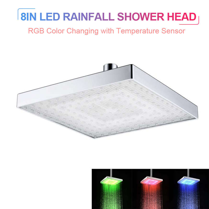 LED Rainfall Shower Head Square Shower Head Automatically RGB Color-Changing Temperature Sensor Show
