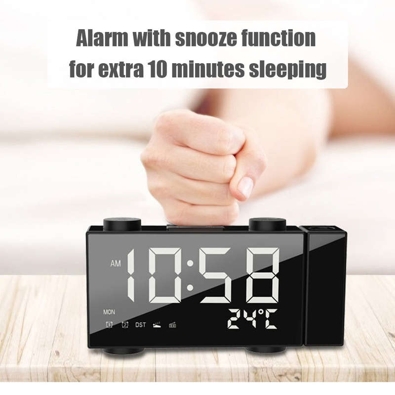Projection Alarm Clock FM Radio Clock 6 Inches LED Display with 180Adjustable Projector Dual Alarm