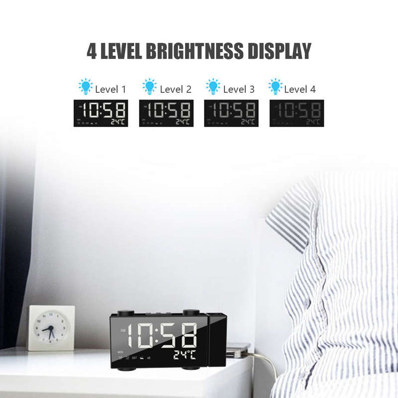 Projection Alarm Clock FM Radio Clock 6 Inches LED Display with 180Adjustable Projector Dual Alarm
