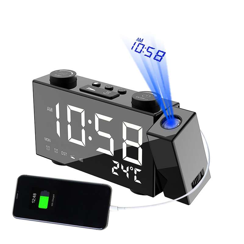 Projection Alarm Clock FM Radio Clock 6 Inches LED Display with 180Adjustable Projector Dual Alarm