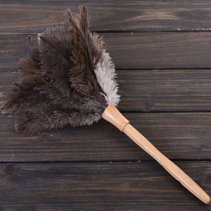 Fluffy Natural Ostrich Feather Duster Wooden Handle Household Cleaning Tool