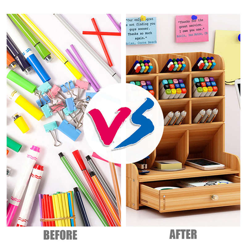 Wooden Desktop Organizer Multi-functional Pen Holder Storage Box Desktop Stationary Storage Organize