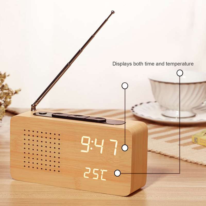Multifunctional Retro Bedside Radio Wood Alarm Clock High Definition Large Screen Digital Display Cl