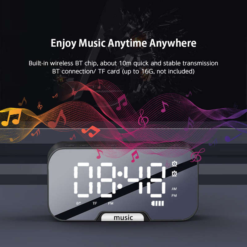Digital Mirror Surface Alarm Clock with BT Speaker & FM Radio Dual Alarms Electronic Desktop Clock R