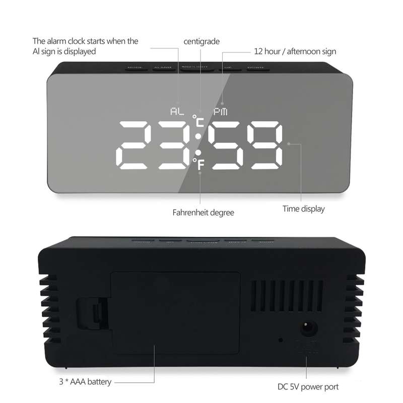 Digital Alarm Clock Desk Alarm Clock LED Mirror Alarm Clocks Temperature Display
