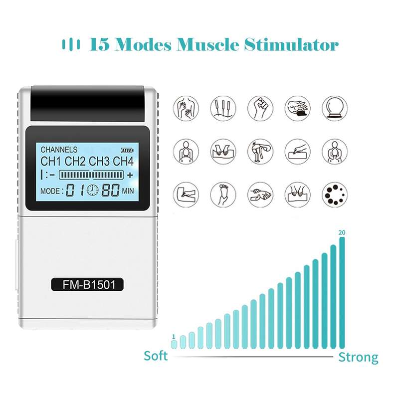 TENS EMS Muscle Stimulator 15 Modes & 4 Outputs 8 Pads for Natural Pain Relief Electric Pulse Impuls