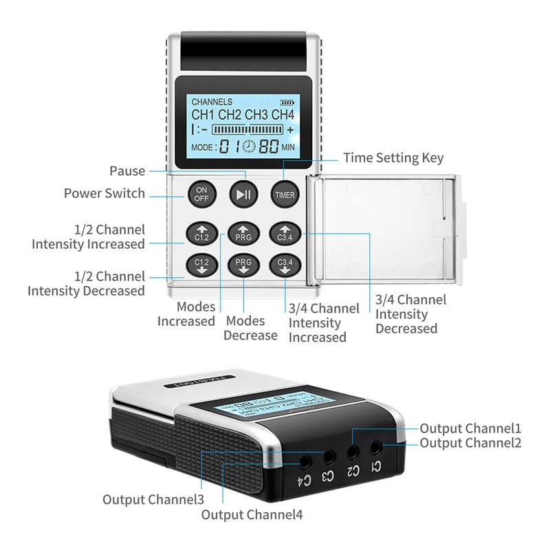 TENS EMS Muscle Stimulator 15 Modes & 4 Outputs 8 Pads for Natural Pain Relief Electric Pulse Impuls