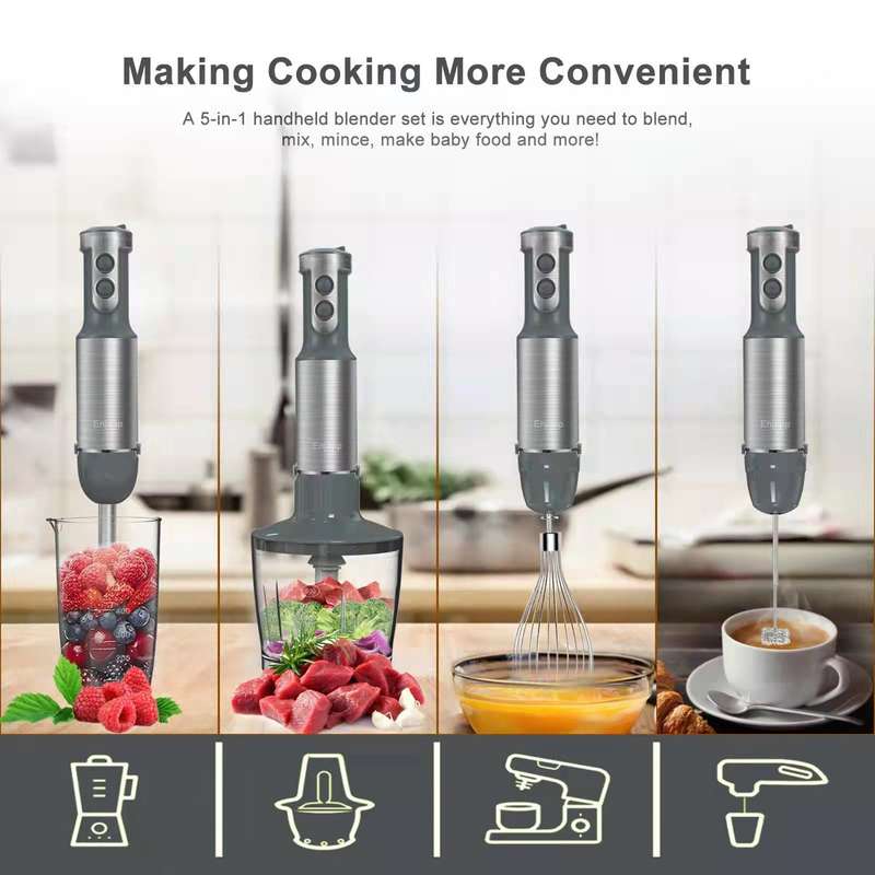 Hand Blender Stick Blender Milk Frother Egg Whisk with 500ml Food Grinder/ 600ml Container