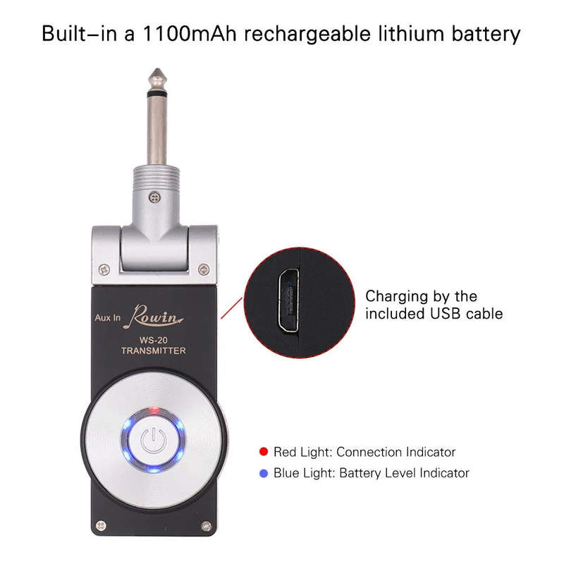 Rowin WS-20 2.4G Wireless Rechargeable Electric Guitar Transmitter Receiver Set 30 Meters Tra