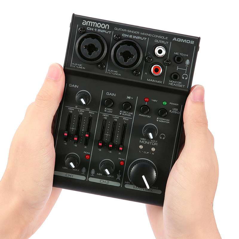 ammoon AGM02 Mini 2-Channel Sound Card Mixing Console Digital Audio Mixer 2-band EQ Built-in
