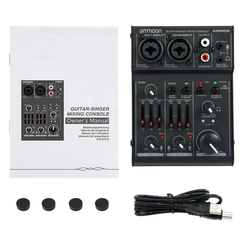 ammoon AGM02 Mini 2-Channel Sound Card Mixing Console Digital Audio Mixer 2-band EQ Built-in