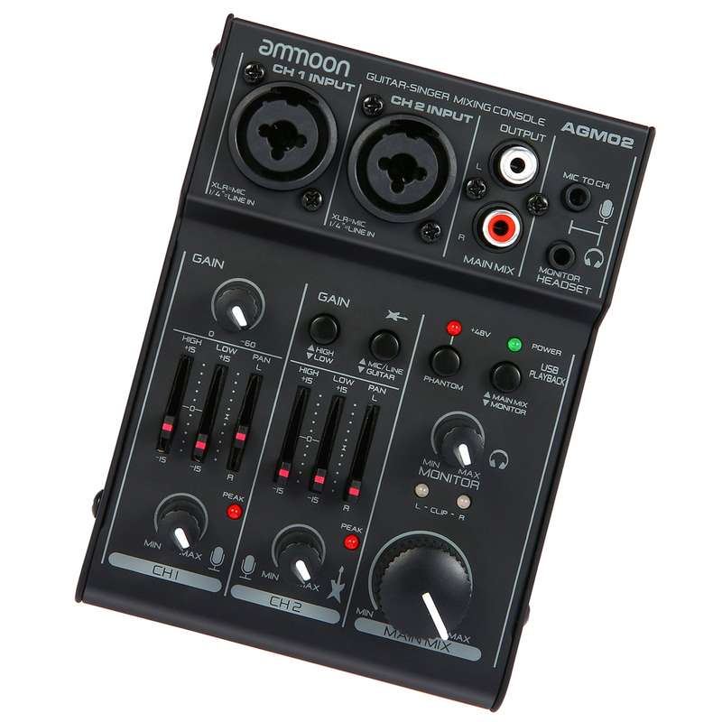 ammoon AGM02 Mini 2-Channel Sound Card Mixing Console Digital Audio Mixer 2-band EQ Built-in