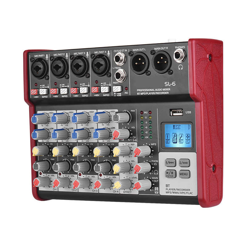 SL-6 Portable 6-Channel Mixing Console Mixer 2-band EQ Built-in 48V Phantom Power Supports BT