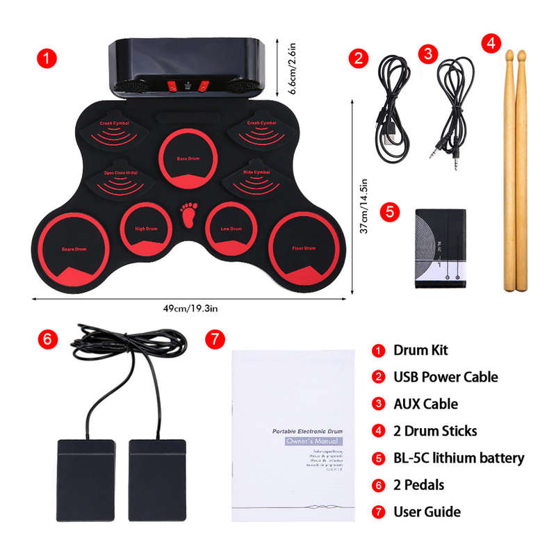 Portable Electronic Drum Set Digital Roll-Up MIDI Drum Kit 9 Silicon Durm Pads Built-in Stere