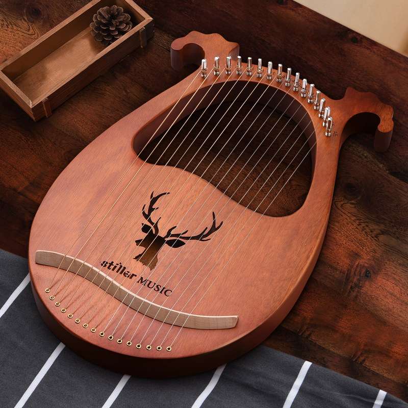 16 String Lyre Harp Solid Wood String Instrument with Elk Pattern Tuning Hammer Strings Clean