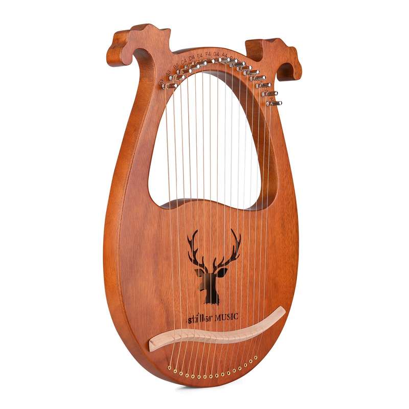 16 String Lyre Harp Solid Wood String Instrument with Elk Pattern Tuning Hammer Strings Clean