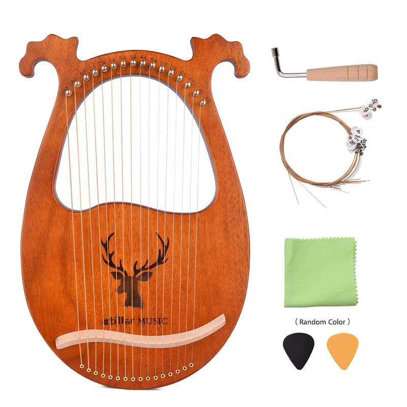 16 String Lyre Harp Solid Wood String Instrument with Elk Pattern Tuning Hammer Strings Clean