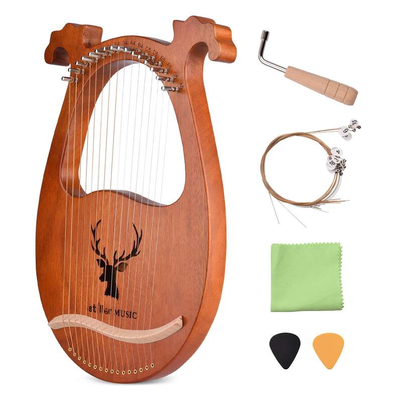 16 String Lyre Harp Solid Wood String Instrument with Elk Pattern Tuning Hammer Strings Clean