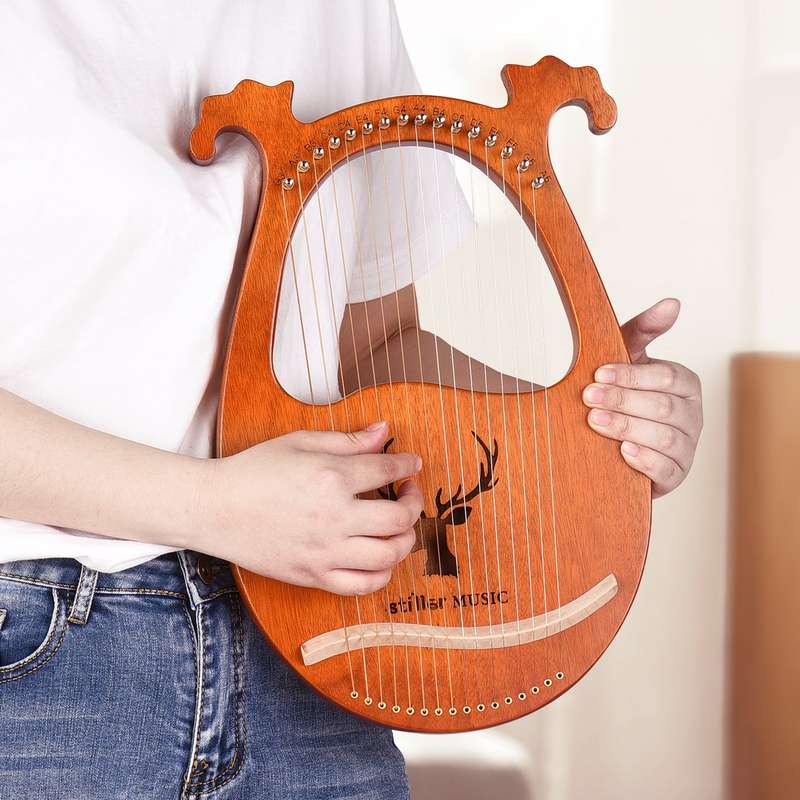 16 String Lyre Harp Solid Wood String Instrument with Elk Pattern Tuning Hammer Strings Clean