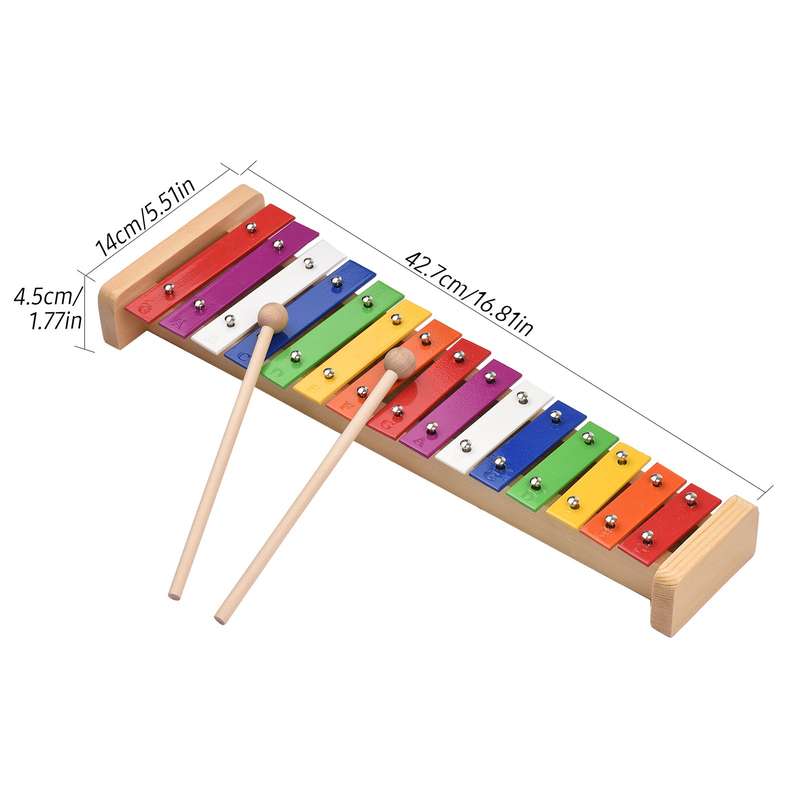 15 Note Glockenspiel Xylophone Wooden Base Colorful Aluminum Bars with 2 Mallets Educational